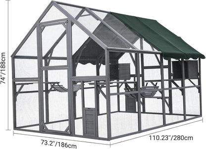 Extra Large Cat Enclosure,110 Inch Large Catio with Waterproof Roof, Pet Habitat for 57 FT² Space, Outdoor Pet House with 7 Platforms,2 Resting Box and 2 Bridges, for Kitty, Rabbit, Poultry Use