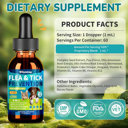 4-IN-1 Flea and Tick Prevention Drops for Dogs and Cats, Natural Cat & Dog Flea and Tick Treatment, Supports Flea Defense, Gut Health, Skin & Coat Nourishment, and Immune Support, Bacon Flavor