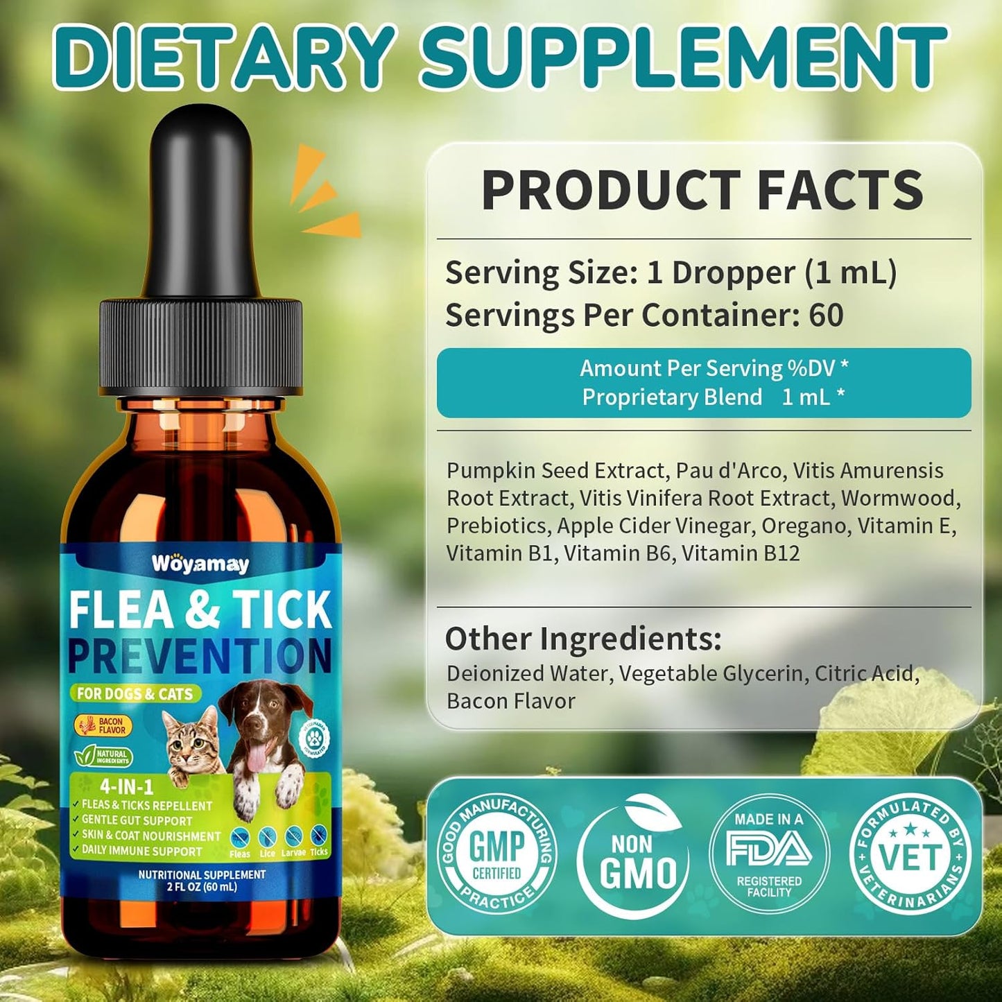 4-IN-1 Flea and Tick Prevention Drops for Dogs and Cats, Natural Cat & Dog Flea and Tick Treatment, Supports Flea Defense, Gut Health, Skin & Coat Nourishment, and Immune Support, Bacon Flavor