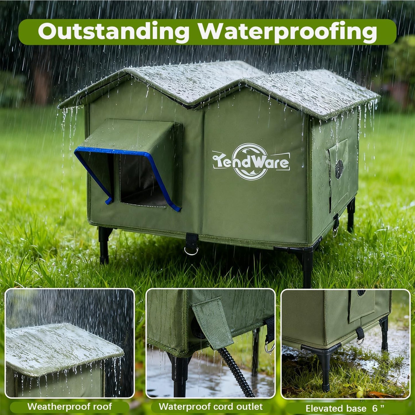 Outdoor Cat House Heated Cat House for Outside with Elevated Base Cat-Attracting Eave Design Feral Stray Shelter Weatherproof in Winter Garage Yard Porch