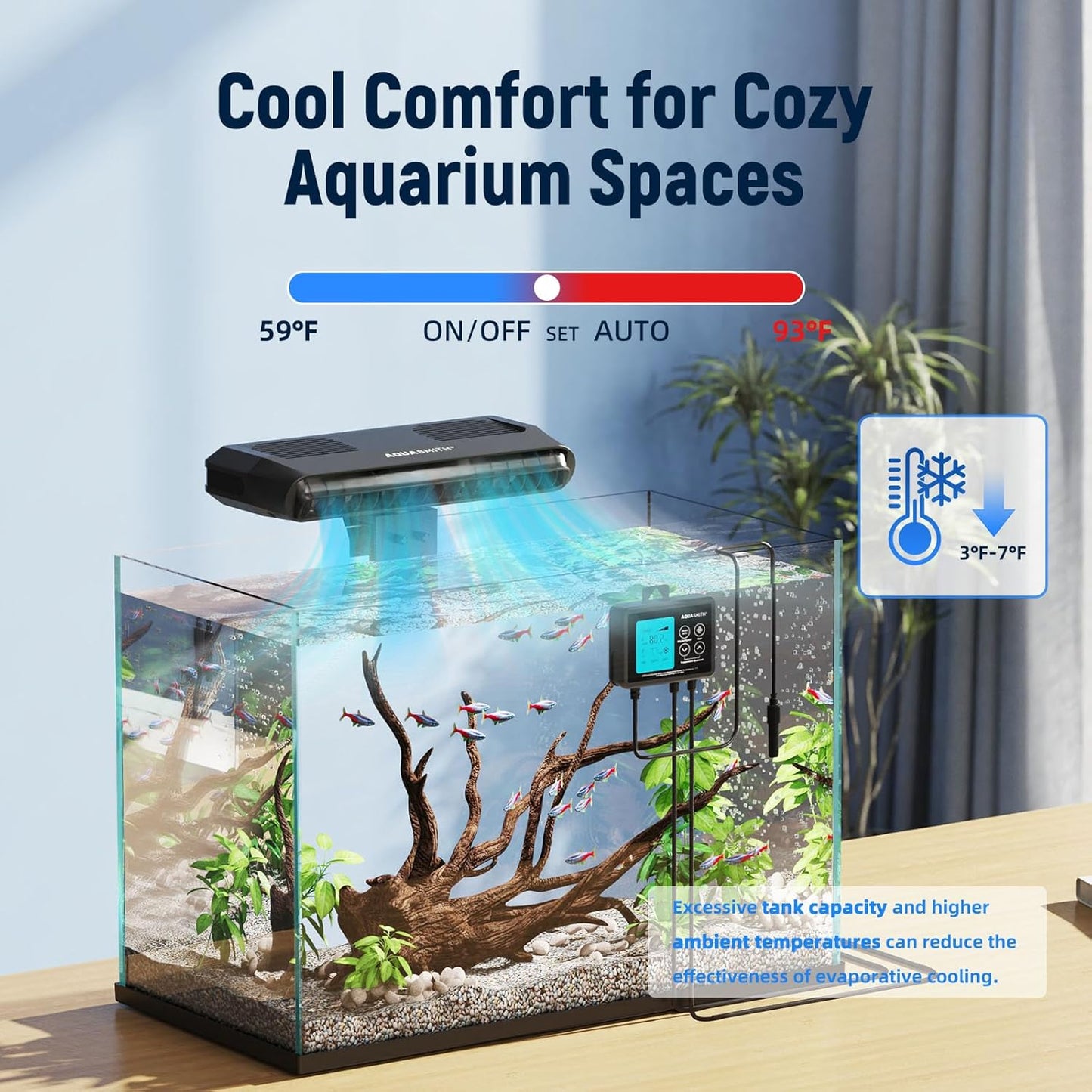 Aquarium Chiller Fan,Fish Tank Cooler with Temperature Control,Minimum Setting 59℉,Auto Start/Stop,Refrigeration Effect 3-7℉,3-Speed Modes,for Axolotl Seawater Freshwater Coral Grass Tank