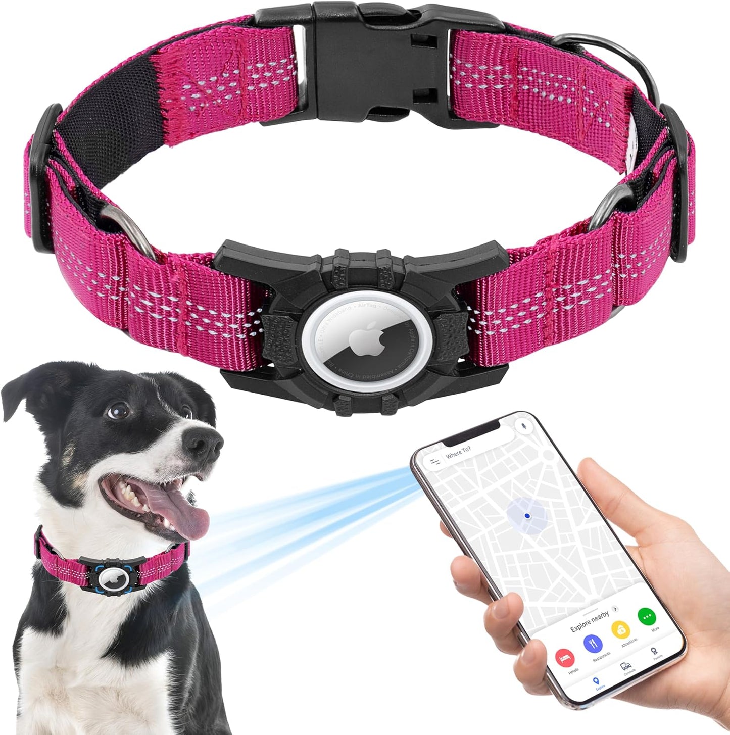 Airtag Dog Collar, Upgraded Reflective Airtag Dog Collar Holder, Heavy Duty Pet Collar with Airtag Holder, Adjustable Nylon Puppy Collars for Small Medium Large Dogs(S(12.6’’-14.5’’), Rose red)