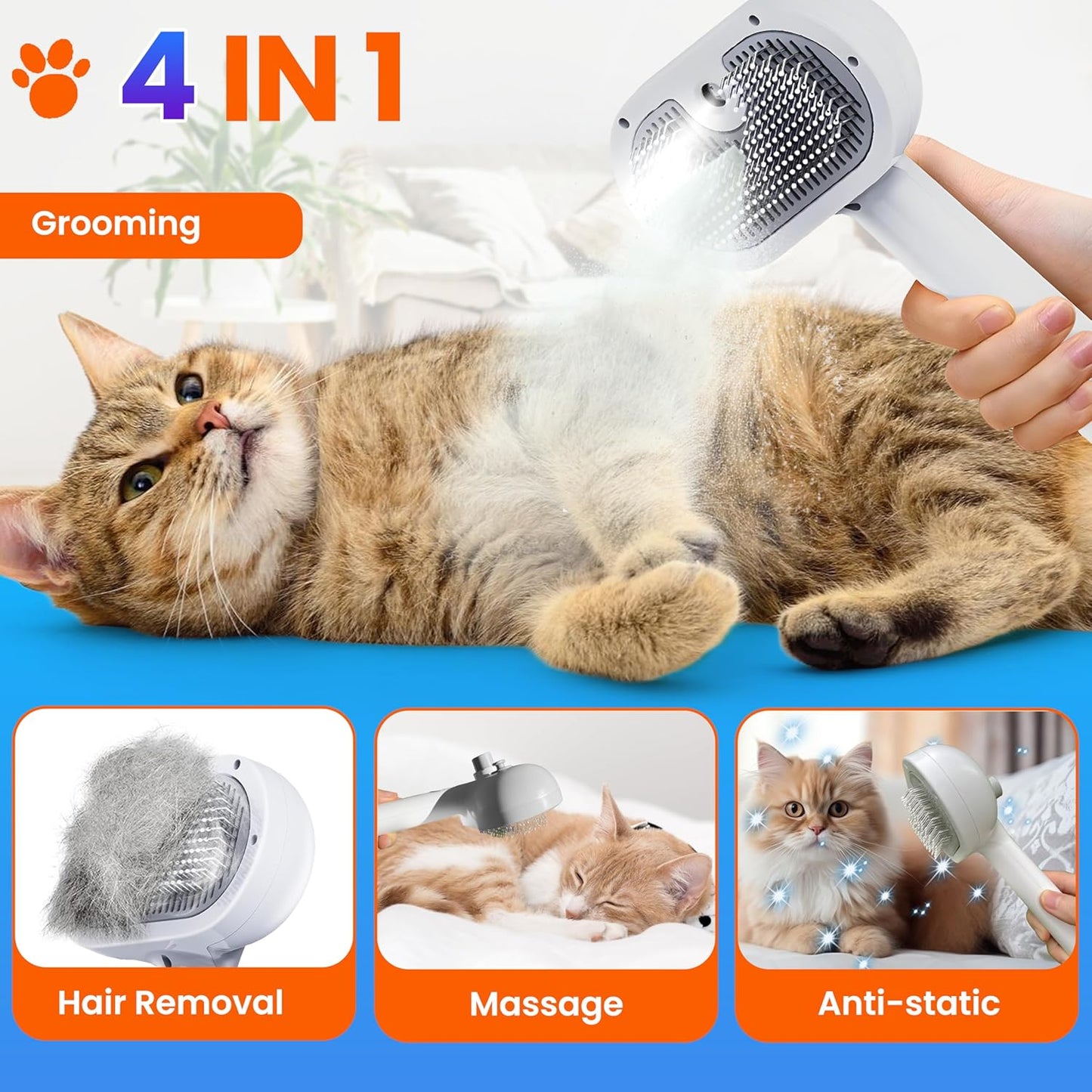 Pet Steam Brush For Cat & Dog - Pets Spray Hair Removal Comb - Cats Indoor Shedding & Grooming Mist Tool - Water Steamer Brushes for Long & Short Haired Dogs - Spritz Defur Comb (White Pro)
