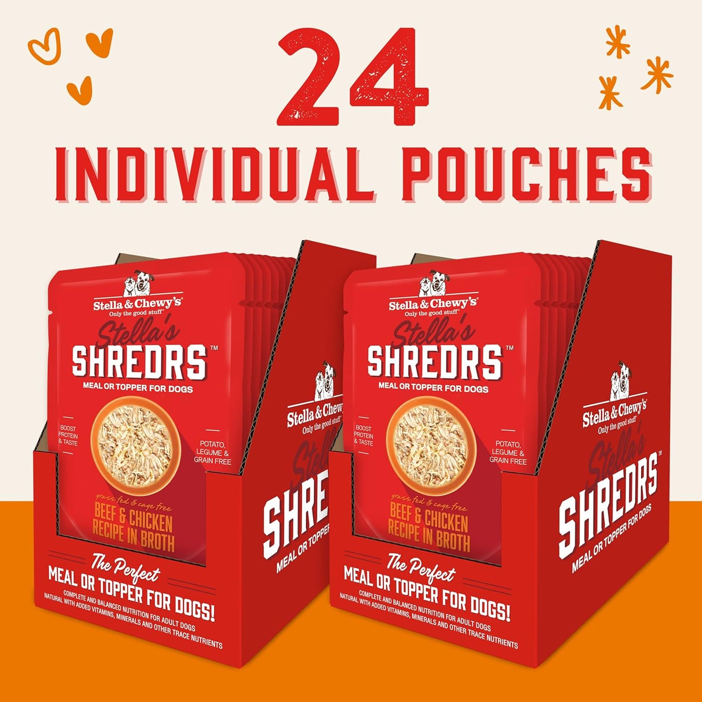 Stella & Chewy's Grass Fed Beef & Chicken Shredrs - Premium Dog Food Pouches - Perfect For Picky Eaters- 24 Pack, 2.8oz Each