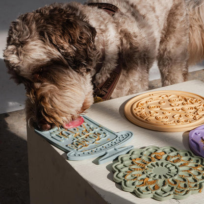 Enrichment Lick Mat: Seafoam Bark Day Bash - Grooved Silicone Dog Feeding Dish, Spread Food-Treats onto The Mat, Pet Soothing, Suction Back