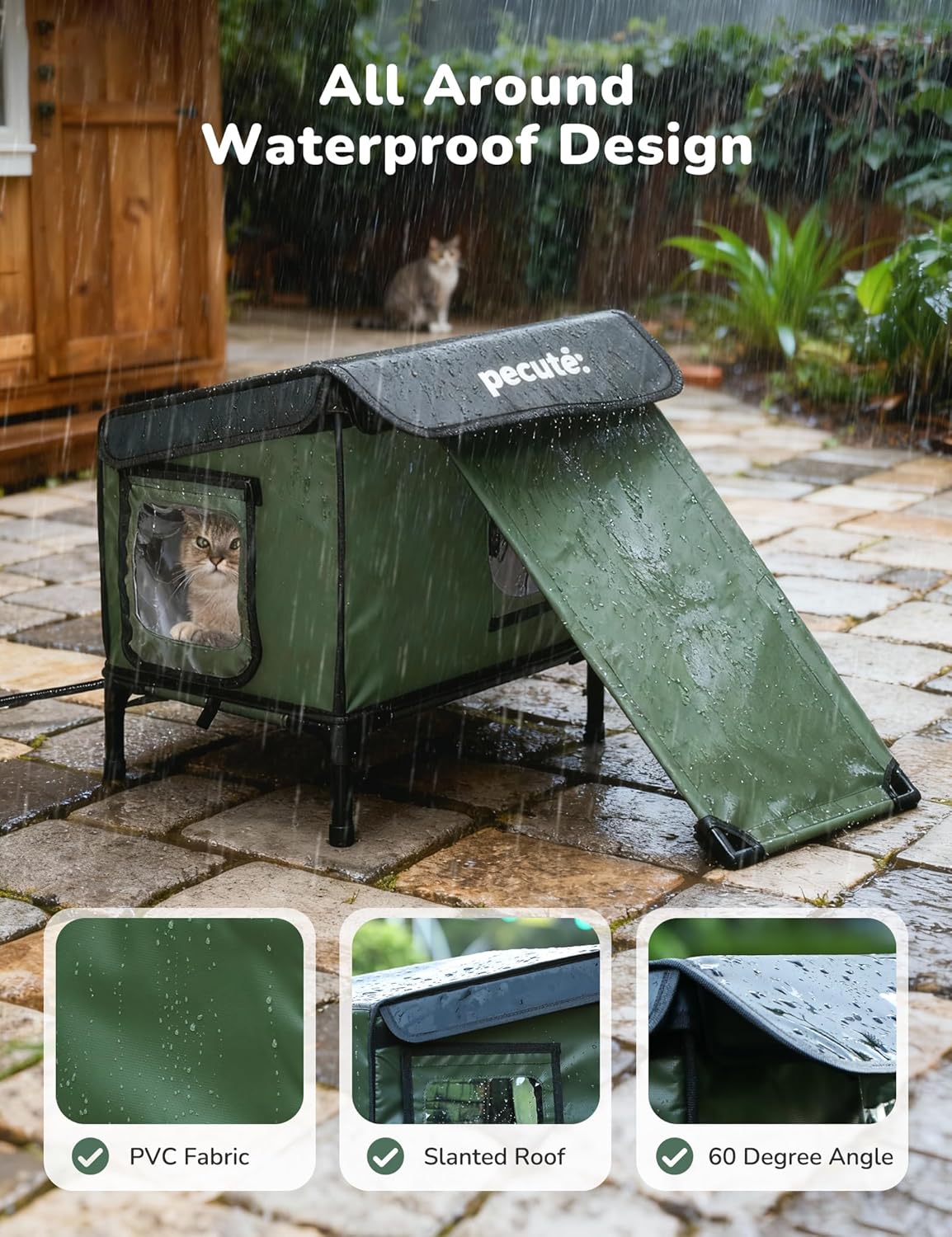 Pecute Heated Outdoor Cat House with Heating Pad - Weatherproof Insulated Winter Shelter for Outside Feral Cats, Cathouse with 2 Exits, Reinforced Metal Frame, Expanded Canopy for Porch Garage Barn