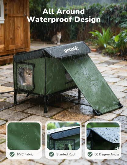 Pecute Heated Outdoor Cat House with Heating Pad - Weatherproof Insulated Winter Shelter for Outside Feral Cats, Cathouse with 2 Exits, Reinforced Metal Frame, Expanded Canopy for Porch Garage Barn