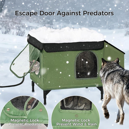 Heated Cat House for Outside, Outdoor Cat House Featuring Escape Door & Dinning Room in Winter, 100% Waterproof Cat Shelter with Heater for Strays, Ferals Barn Cat, Insulated Warm House