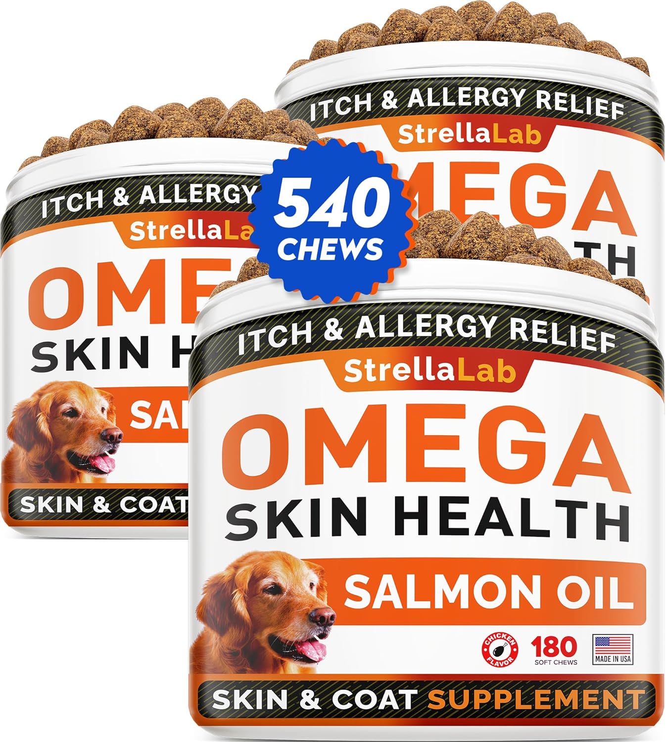 STRELLALAB Omega 3 for Dogs - (540Ct) Fish Oil Treats - Allergy & Itch Relief Skin&Coat Supplement - Dry Itchy Skin, Shedding, Hot Spots Treatment, Anti Itch - Pet Salmon Oil Chews - Chicken