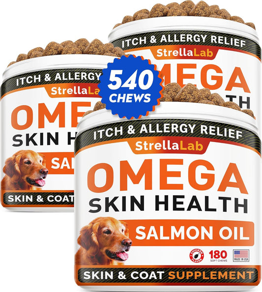 STRELLALAB Omega 3 for Dogs - (540Ct) Fish Oil Treats - Allergy & Itch Relief Skin&Coat Supplement - Dry Itchy Skin, Shedding, Hot Spots Treatment, Anti Itch - Pet Salmon Oil Chews - Chicken