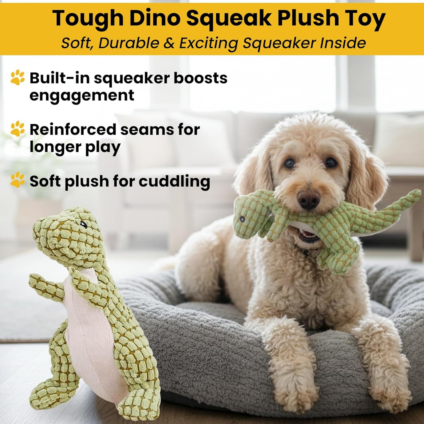 Fur4Fun Interactive Dog Toy Set - Includes Automatic Rolling Rubber Ball, Rugged Treat Play Bone and Tough Dinosaur Squeak Plush Toy. Full Play Package for Small/Medium Sized Dogs.