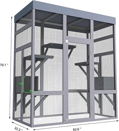 70" Large Catio Outdoor Cat Enclosure, Outdoor Cats Cage with Waterproof Cover,Wooden Walk in Cat Shelter Jumping Platforms & 2 Resting Box, UV Resistant