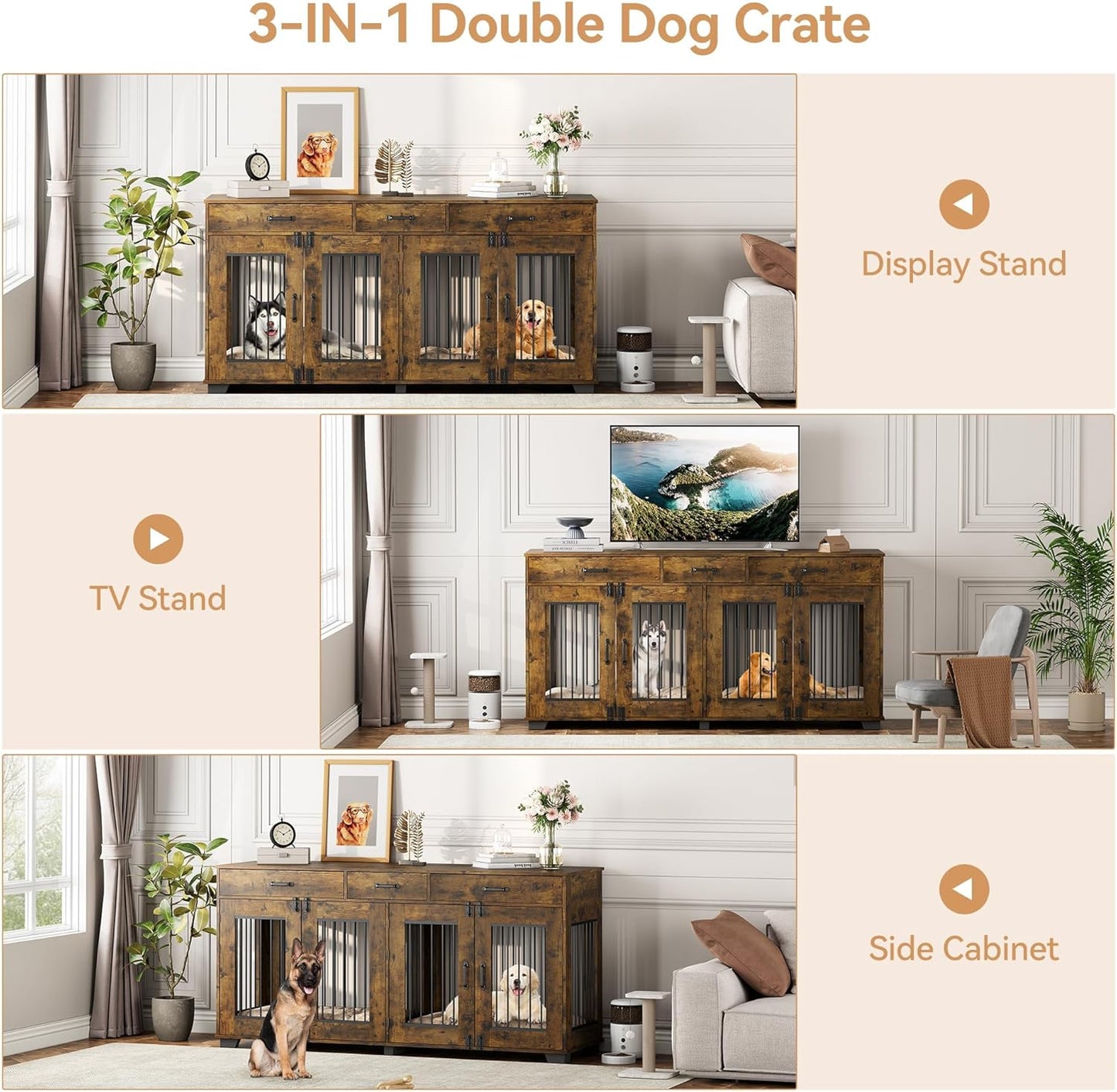 Dog Crate Furniture for 2 Dogs, 71" Large Double Dog Kennel with Removable Divider and 3 Drawers, Decorative TV Stand Side Table, Indoor Pet Cage House Rustic Brown