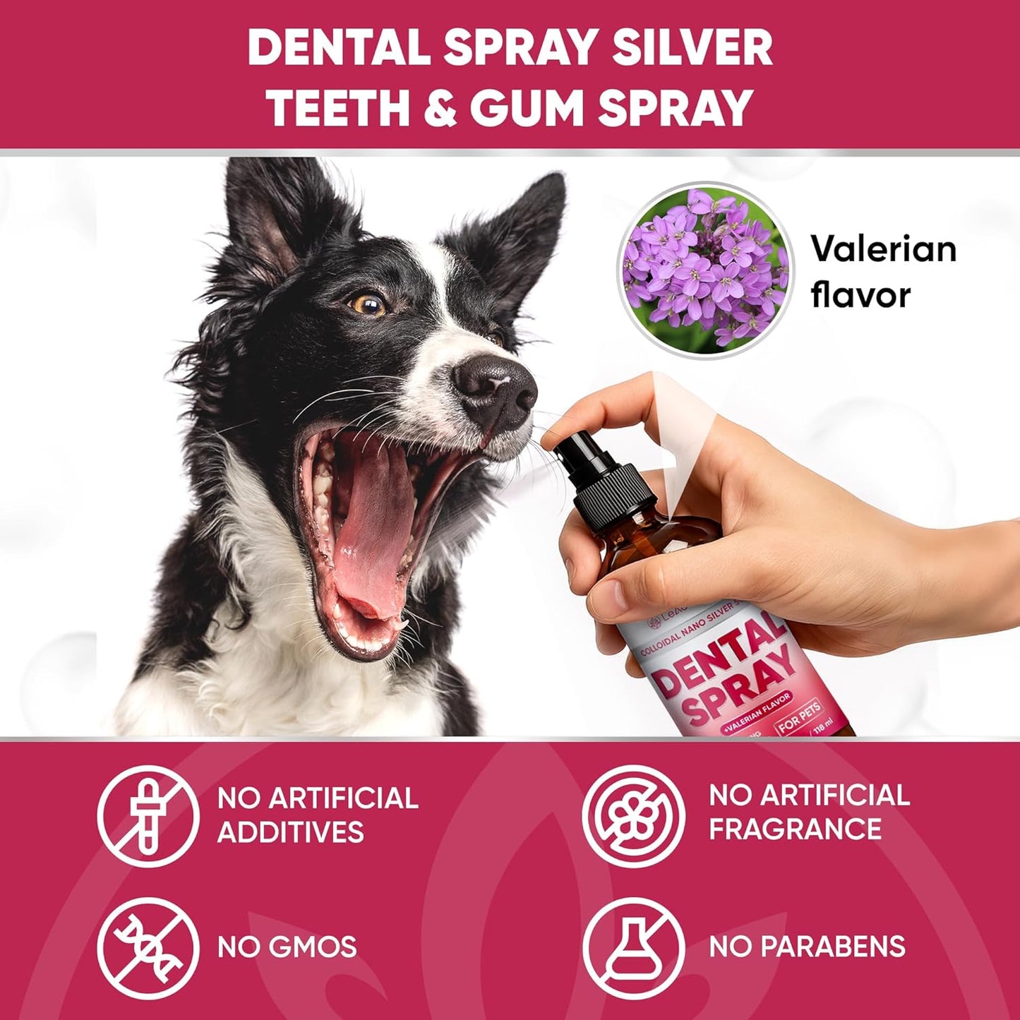 Dental Spray for Pets – Cat & Dog Breath Freshener That Helps with Tartar, Plaque, & Bad Odor – Silver 50 PPM + Valerian Flavour for Dog Teeth Cleaning – 4 Oz
