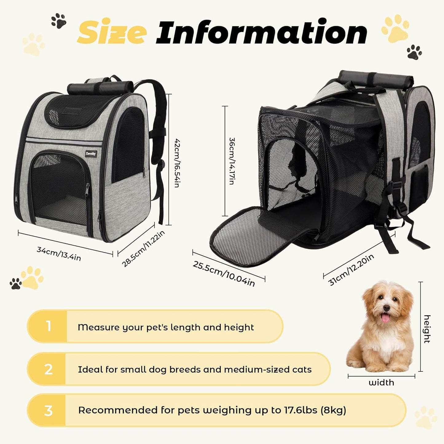Zavothy Expandable Pet Backpack Carrier for Small Cats & Dogs, Airline Approved Travel Bag with Mesh Windows, Expandable Space, Padded Bottom, Foldable Design (Black/Grey)