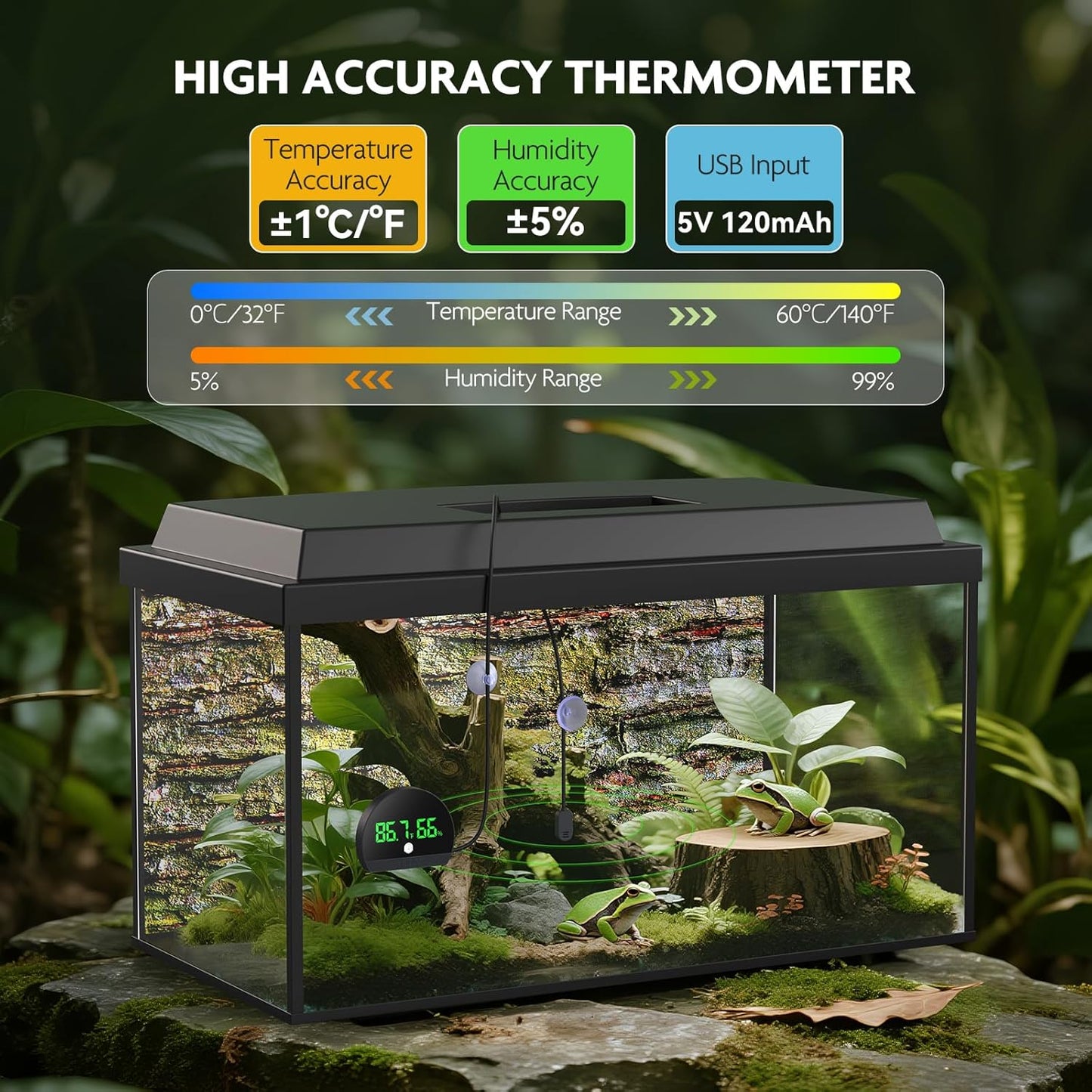 PAIZOO Reptile Thermometer Hygrometer, LED Reptile Tank Thermometer and Humidity Gauge, Rechargeable Digital Hygrometer for Reptile Tank Accessories, Switch Between ℉/℃, Always-on Display Mode
