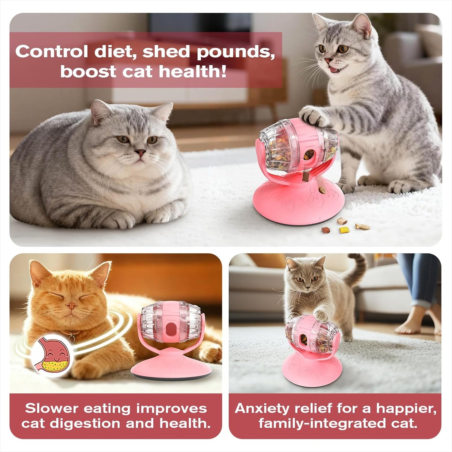 Cat Slow Feeder Toy, Adjustable Difficulty Puzzle Toy with Rotating Lid - Interactive Mental Stimulation Food Dispenser for Indoor Cats, Slows Down Eating for Dry Food & Treats (Pink)