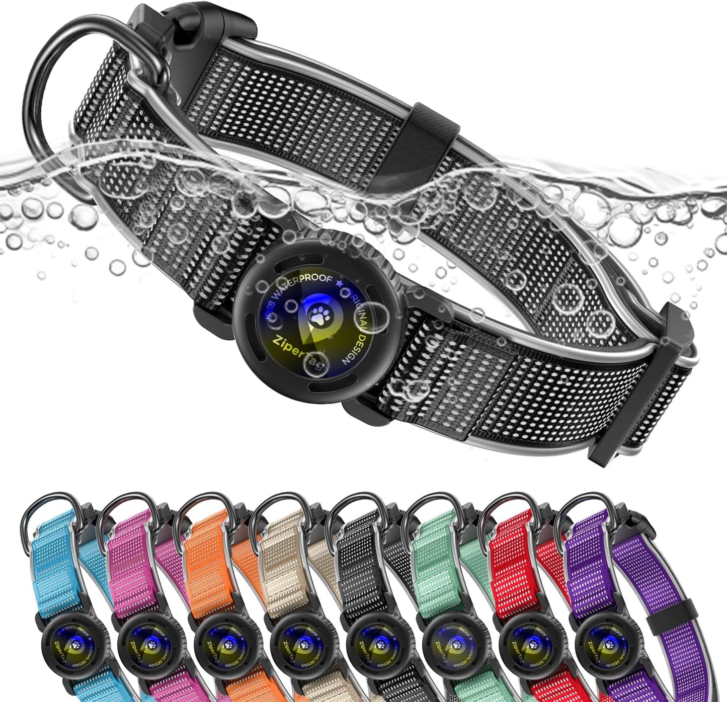 for Airtag Dog Collar with Air Tag Holder Waterproof, Ultra-Reflective, Nylon Padded with QR Code Buckle for Large Dogs (Black, L)