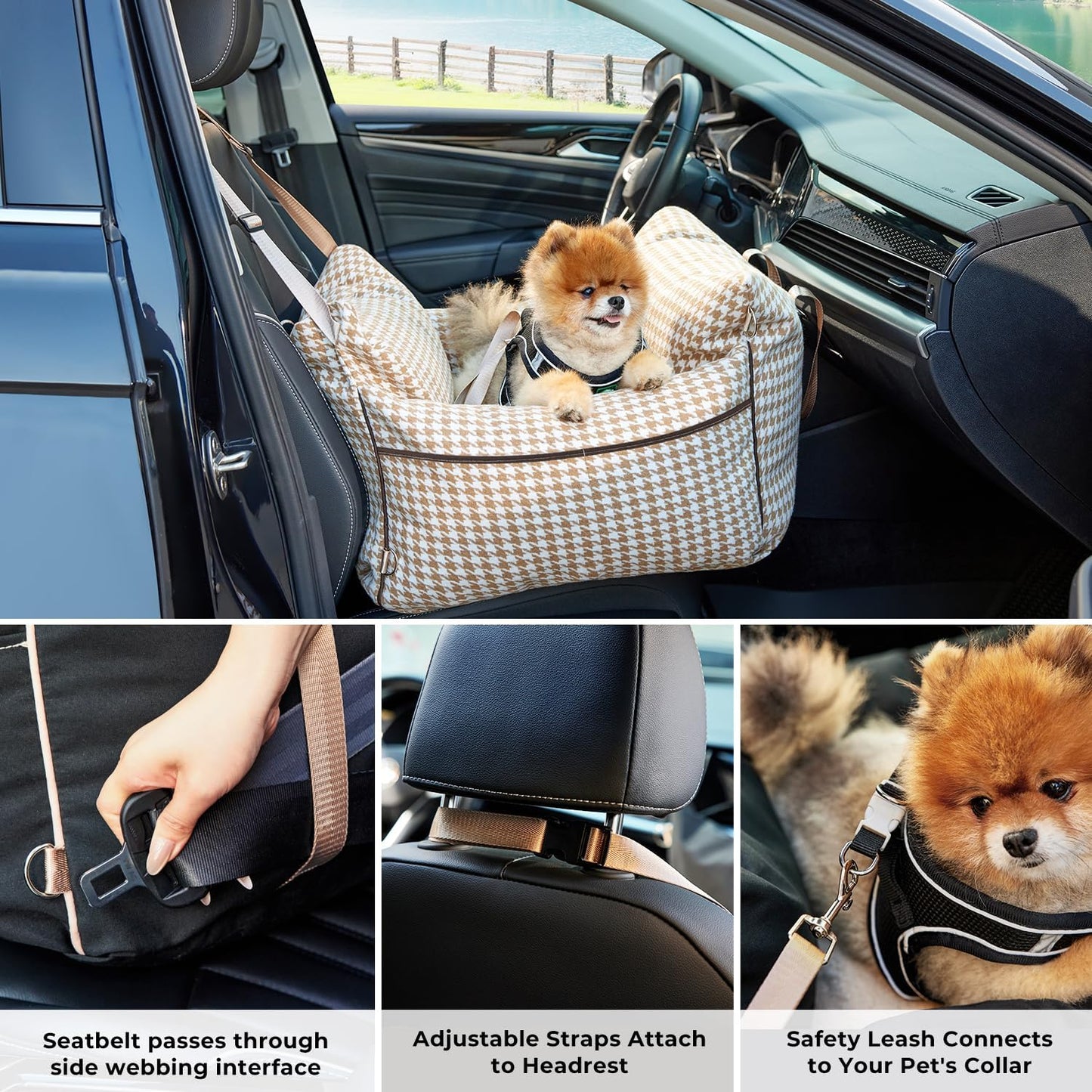 Dog Car Seat for Small Dogs - Waterproof Pet Booster Seat for Car with Clip-On Safety Leash, Soft Travel Carrier for Puppy up to 25 lbs, Memory Foam Filling & 2 Adjustable Buckles Houndstooth