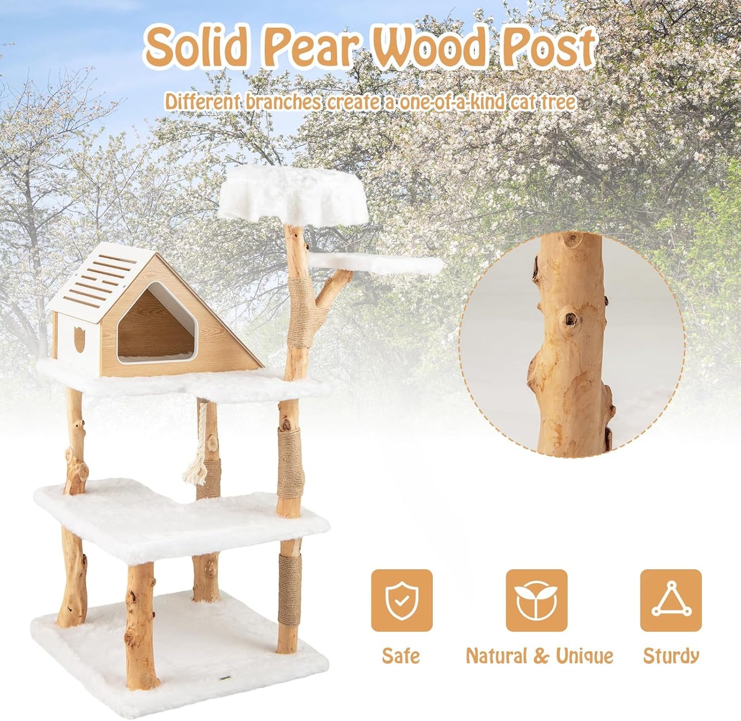 PETSITE 60 inch Solid Wood Cat Tree Tower, Multi-Level Wooden Cat Tower with Jute Scratching Posts, Cat Condo, Sisal Rope, Soft Long Plush, Modern Tall Cat Tree for Indoor Cats Large Adult