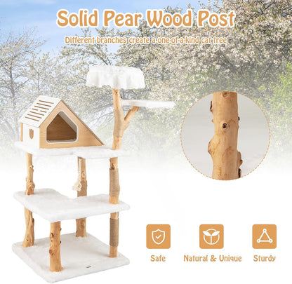 PETSITE 60 inch Solid Wood Cat Tree Tower, Multi-Level Wooden Cat Tower with Jute Scratching Posts, Cat Condo, Sisal Rope, Soft Long Plush, Modern Tall Cat Tree for Indoor Cats Large Adult