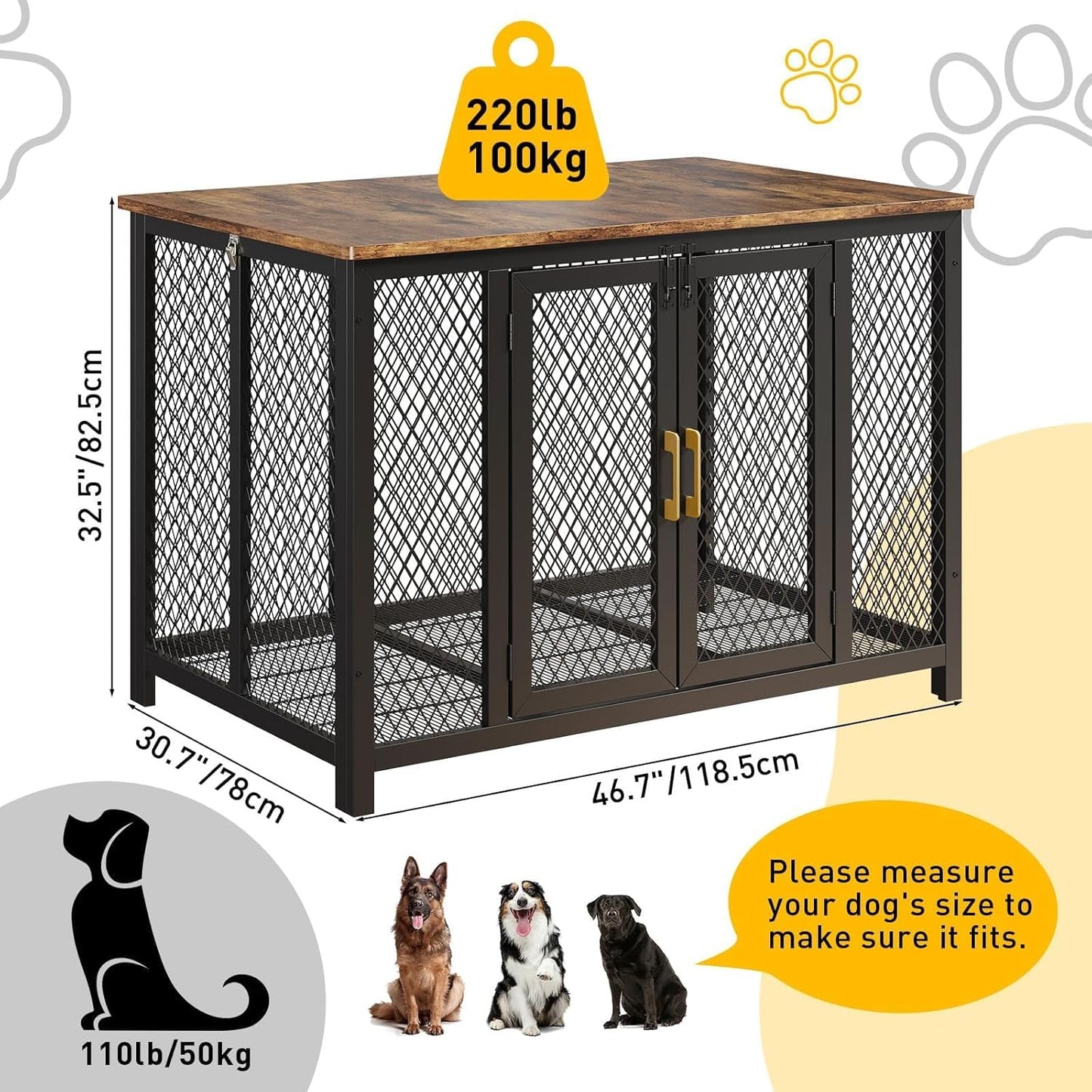 48 Inch Large Dog Crate Furniture with Top Access Door, Heavy Duty Wooden Indoor Flip Top Pet Cage Farmhouse Style for Large, Medium, Small Dogs, Brown