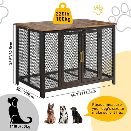 48 Inch Large Dog Crate Furniture with Top Access Door, Heavy Duty Wooden Indoor Flip Top Pet Cage Farmhouse Style for Large, Medium, Small Dogs, Brown