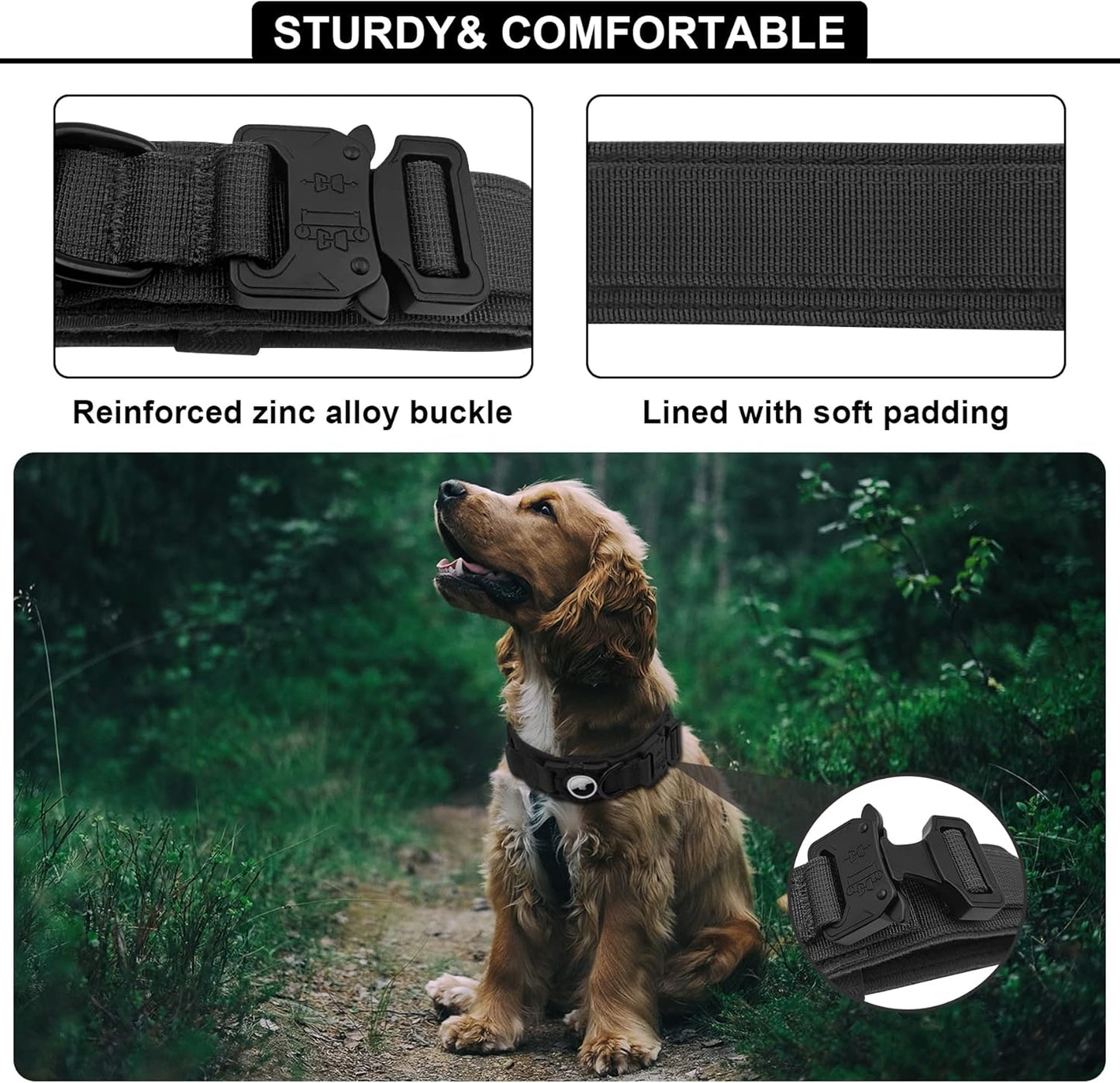 Tactical AirTag Dog Collar Leash Set - Heavy Duty, Adjustable GPS Collar Compatible with Apple AirTag, with Holder & Control Handle for Medium/Large Dogs [ Black, L ]