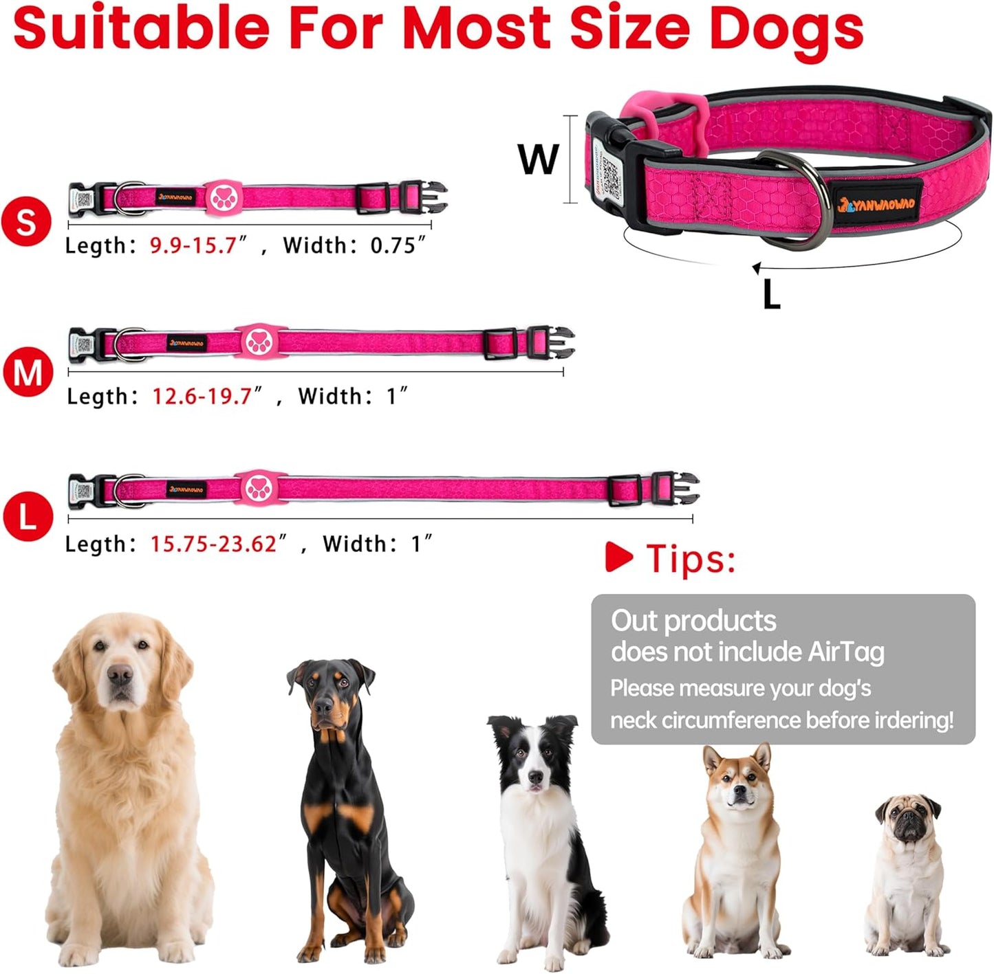 Airtag Dog Collar,Nylon Dog Collars with Airtag Holder,Waterproof Airtag Holder,Adjustable Reflective Dog Collar(Hotpink,M)