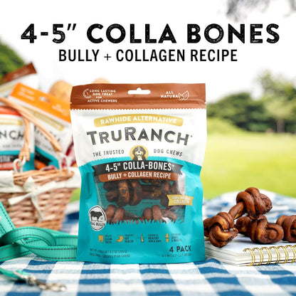 TRURANCH 4-5" Collagen Bones, Bully - Collagen Dog Bones - Long Lasting Healthy Joint Support Dog Treat - Rawhide Alternative - Skin & Coat Health, 1 Bag, 4 Count