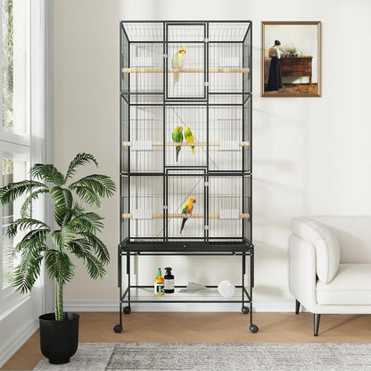 69-Inch Large Bird Cages with Storage Shelf, Feed Bowls – Rolling Parrot Cage for Macaws, Cockatiels, Conures, Parakeets, Budgies & Finches