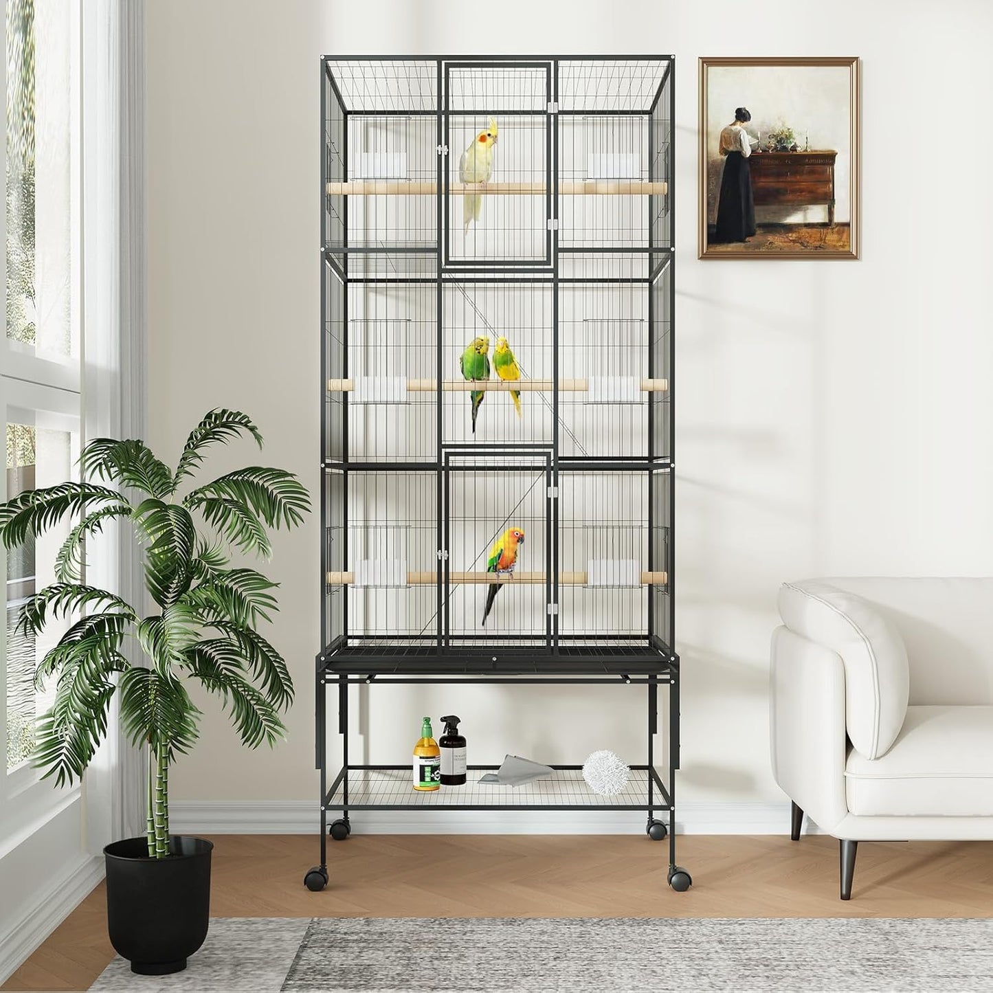 69-Inch Large Bird Cages with Storage Shelf, Feed Bowls – Rolling Parrot Cage for Macaws, Cockatiels, Conures, Parakeets, Budgies & Finches