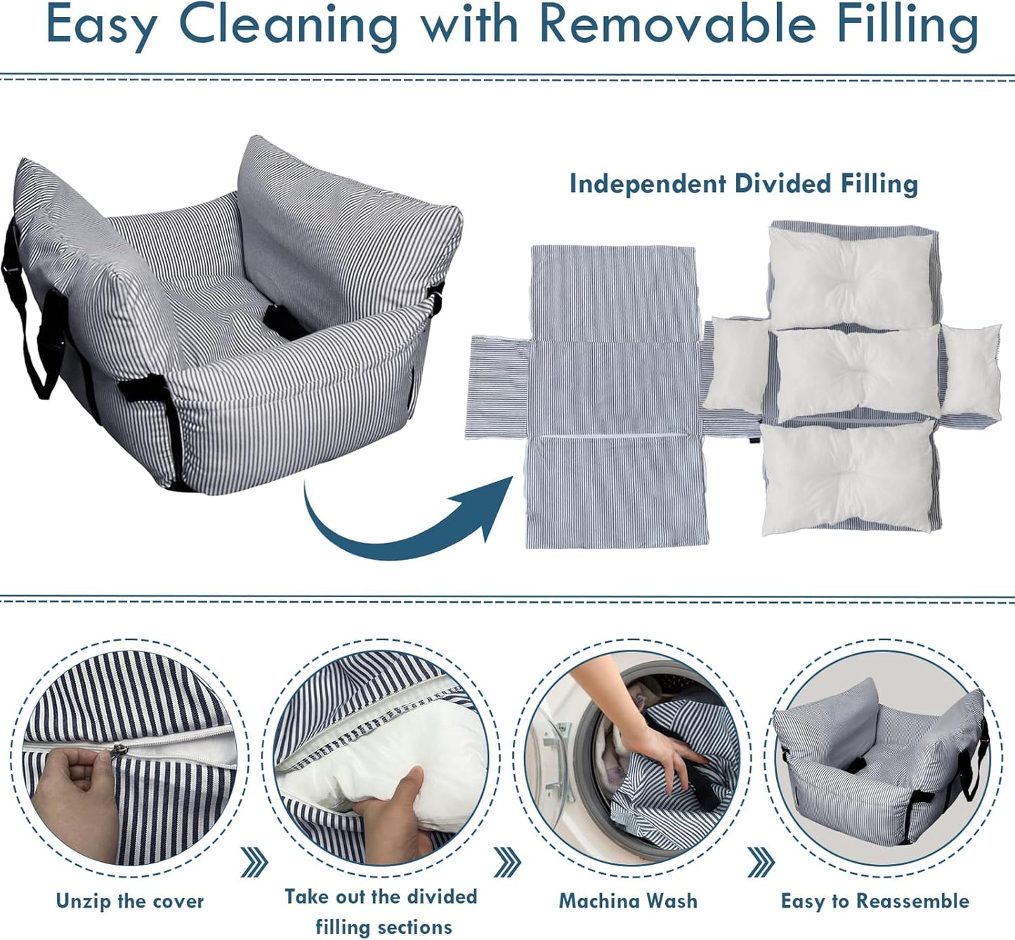 Dog Car Seat for Small/Medium Dogs Under 40 lbs - Elevated Pet Seat with Safety Belt, Non-Slip Base, and Storage Pockets for Car Travel (Navy, 30 x 20.5 inch)