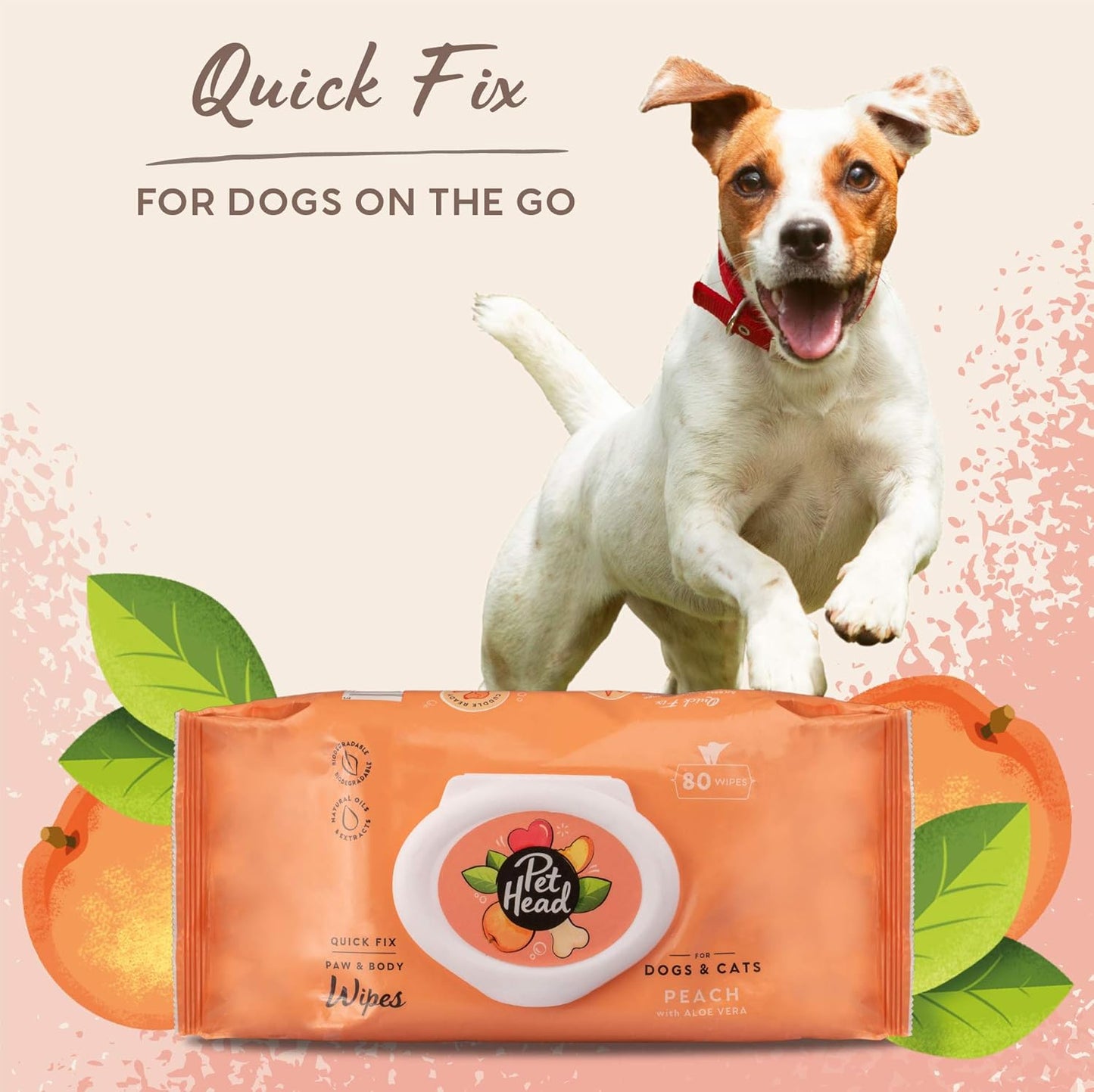 Pet Head Quick Fix Paw and Body Wipes for Cats and Dogs | Peach Scent with Aloe Vera | Biodegradable Pet Hygiene Cleaning Wipes | pH-Neutral | Vegan | for an Easy & Speedy Freshen-Up | 160 Pack