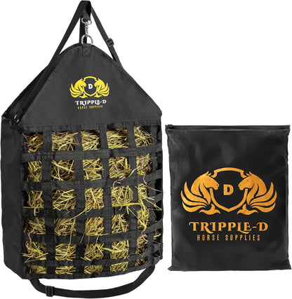 Tripple-D Horse Supplies top Loading Slow Feeder hay Bag, Equipment for Horses & Goats, Durable Strong Material and Nylon Feed net, Holds hay Bales securely, Reduces hay Waste, Nice feeders Storage