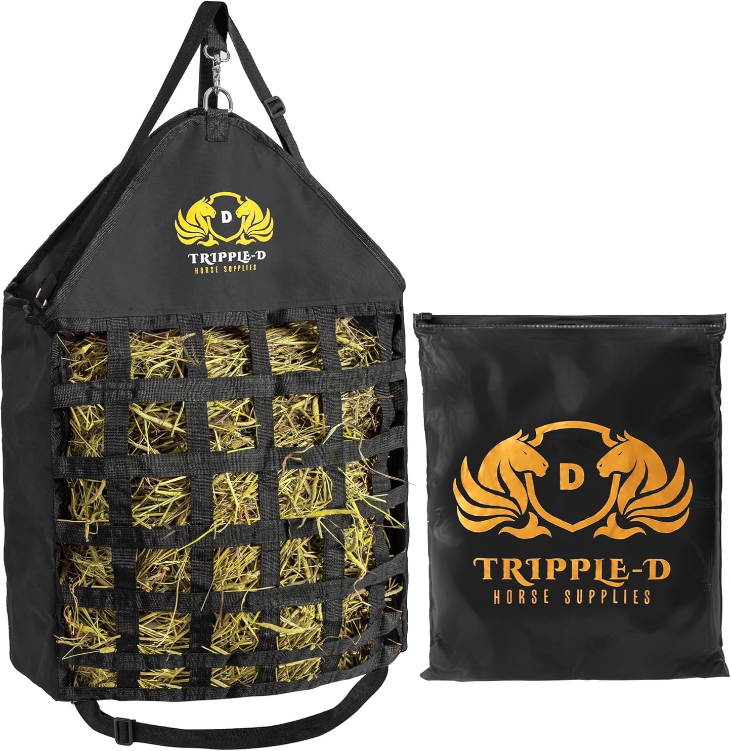 Tripple-D Horse Supplies top Loading Slow Feeder hay Bag, Equipment for Horses & Goats, Durable Strong Material and Nylon Feed net, Holds hay Bales securely, Reduces hay Waste, Nice feeders Storage