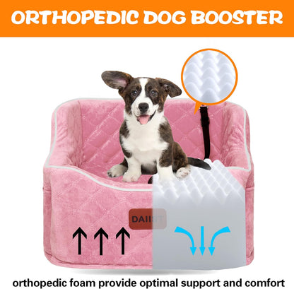 Dog Car Seat for Small Medium Dogs, Detachable Washable Dogs Booster Seat Under 35lbs, Elevated Dog Car Bed with Storage Pockets (Pink, One Size)