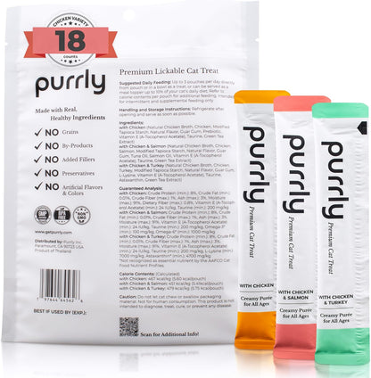 Purrly Lickable Wet Cat Treats Healthy Grain-Free Chicken Variety Pack (18 Count) Squeezable Creamy Purée with Human-Grade Protein Sources and Functional Nutrients Non-GMO No-Artificial-Additives