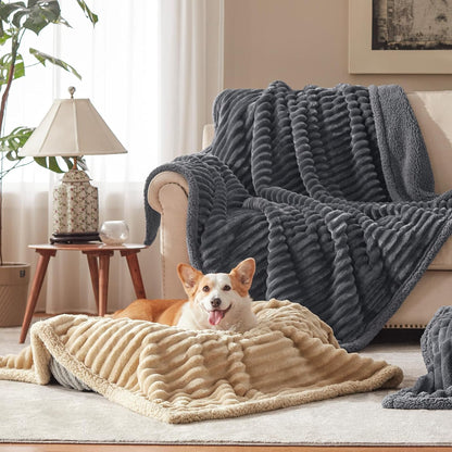 Waterproof Dog Blanket for Large Dogs, Washable Soft Puppy Cat Blanket Flannel Cotton Velour for Sofa Couch Protector, Comfort & Security Reversible Bed Protection for Pet, 60"X80", Khaki