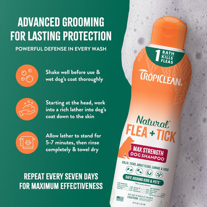 TropiClean Max Strength Flea and Tick Shampoo Treatment for Dogs, Powerful & Natural Defense, Prevention for Large & Small Dogs, Made in USA, 20oz