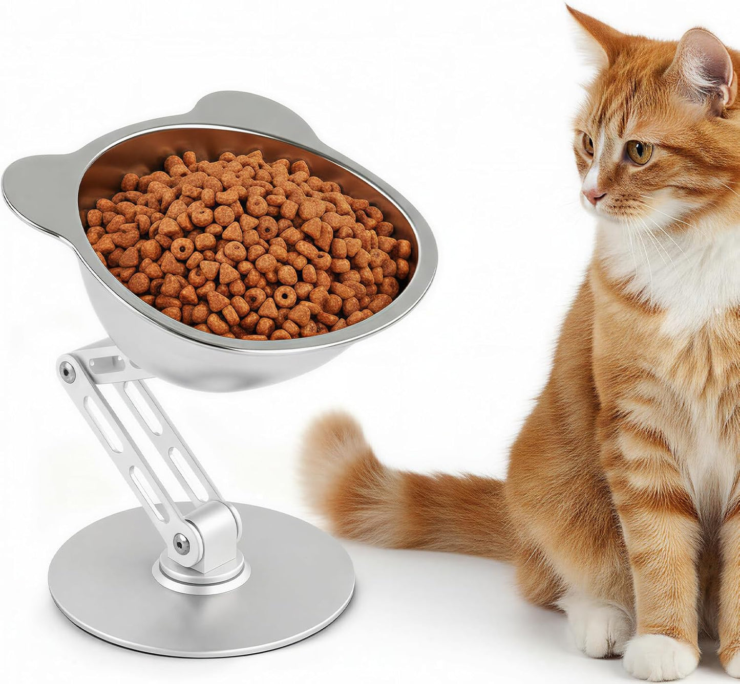 BEAVE NIUNIU Alloy Elevated Cat Bowl - Height & Angle Adjustable Raised Food Water Bowl Stand, 330ml Stainless Steel Dish, 7.9in Max Height Stable Pet Feeder for All Cat Sizes