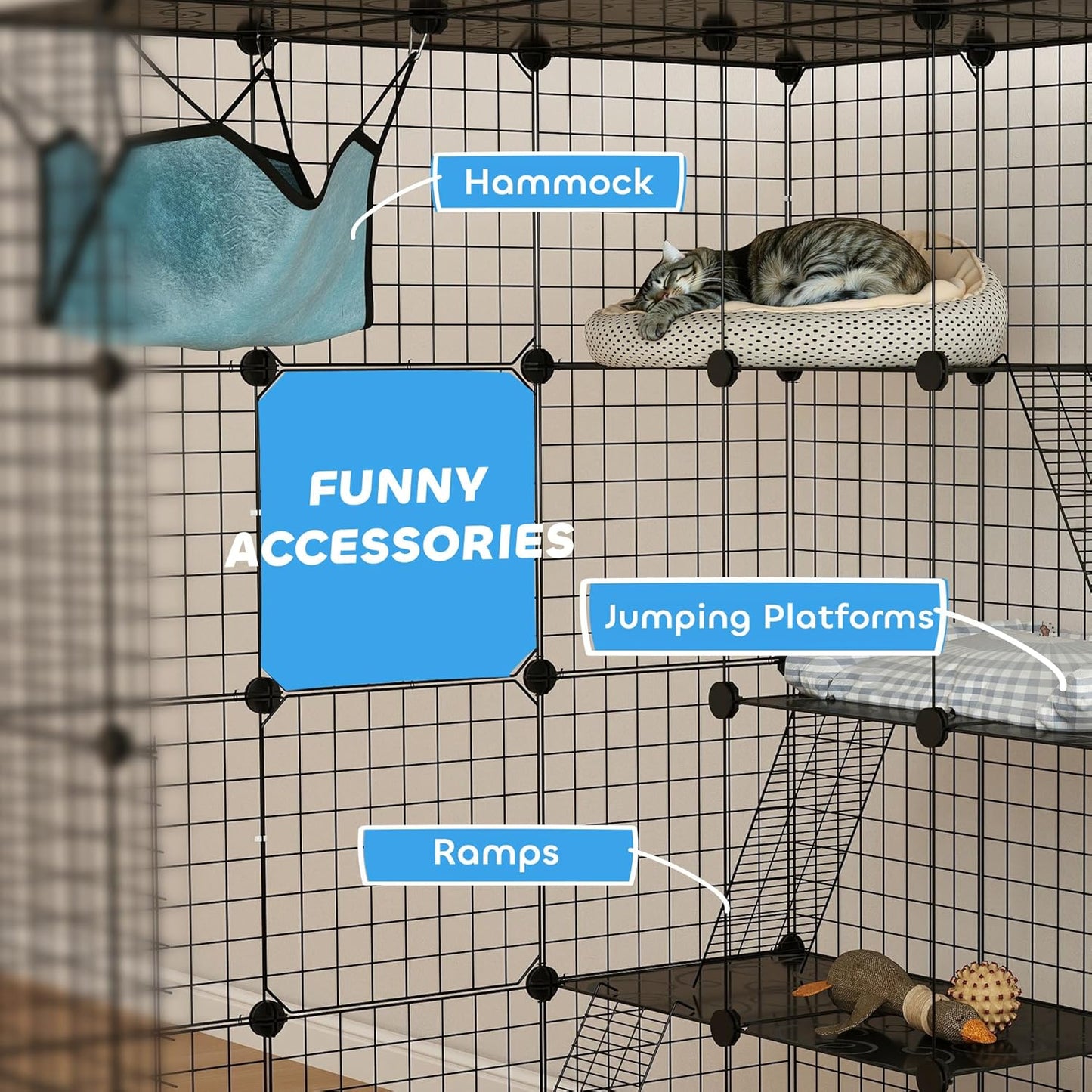 PawHut Cat Cage Indoor, DIY 4 Tier Cat Enclosure with Hammock, 3 x 3 x 4 Detachable Wire Cat Kennel with Ramps, Jumping Platforms, Doors, for 1-3 Cats, 41" L x 41" W x 55" H, Black