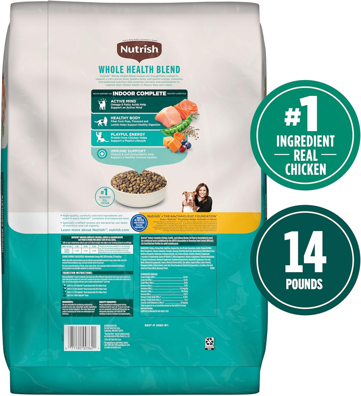 Nutrish Indoor Complete Premium Natural Dry Cat Food, Chicken with Lentils & Salmon Recipe, 14 Pounds (Packaging May Vary)