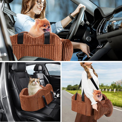 Center Console Dog Car Seat for Small Dogs, Pet Puppy Car Seats with Soft Cushion Safety Belt, Washable Cat Carseats, Pet Bed for Cars, Dog Booster Cars Seats for Dogs Small 5-15 lbs(Brown)