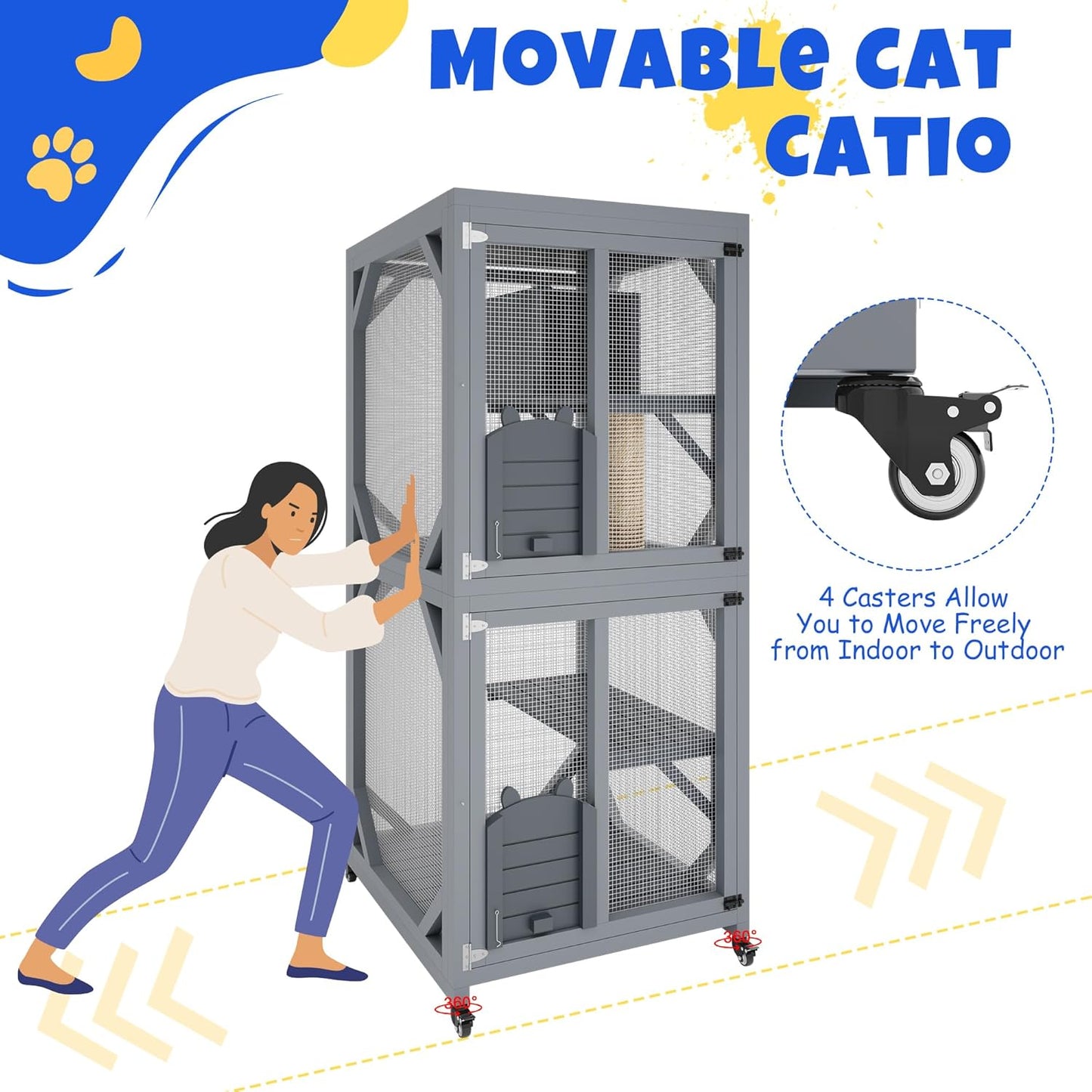 4 Tiers Outdoor Cat Enclosure on Wheels, 68'' Catio with Window Access, Weatherproof Roof Cats House with Scratch Post, Platforms and Resting Box Grey