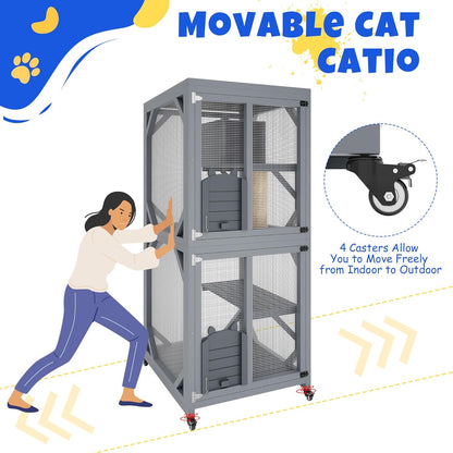 4 Tiers Outdoor Cat Enclosure on Wheels, 68'' Catio with Window Access, Weatherproof Roof Cats House with Scratch Post, Platforms and Resting Box Grey