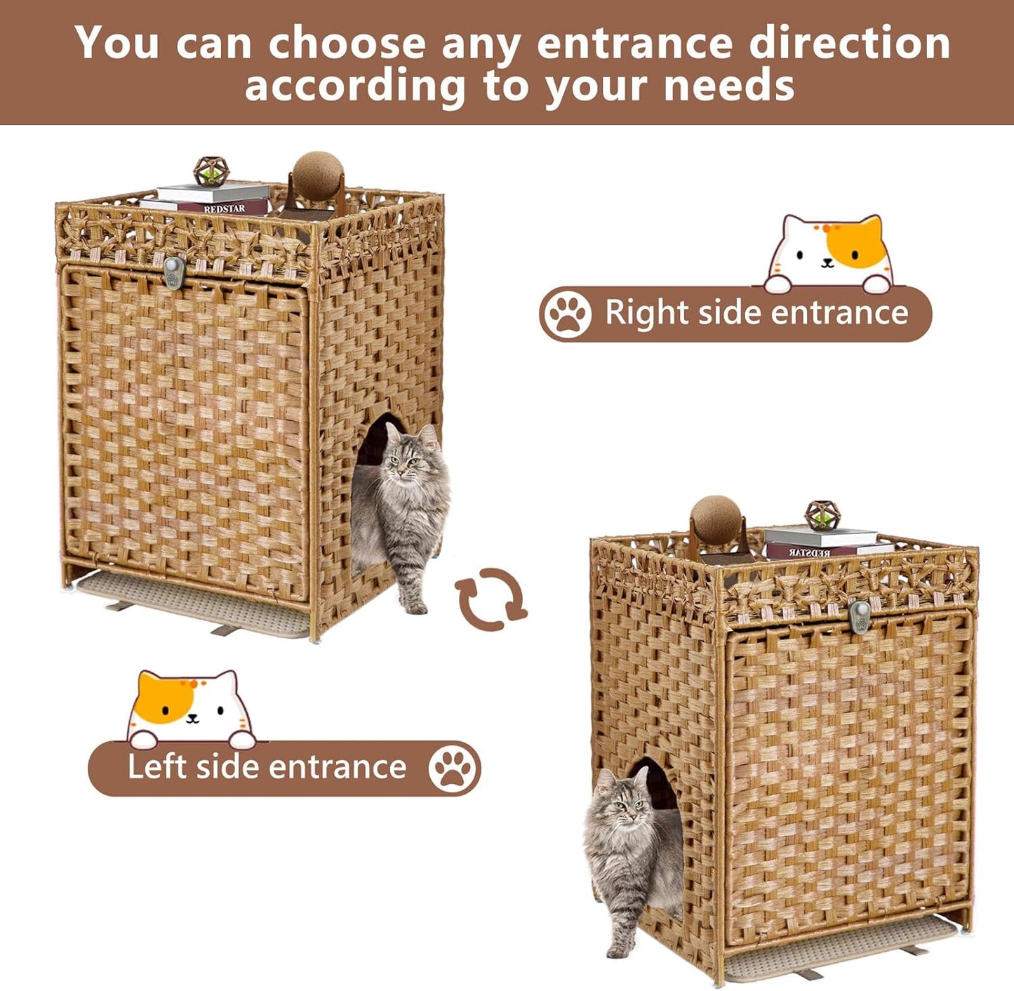 KOUSEI Handwoven Rattan Cat Litter Box Enclosure Furniture - Hidden Indoor Pet House with Door & Mat, Discreet Washroom Cabinet for Living Room and Bedroom, Natural