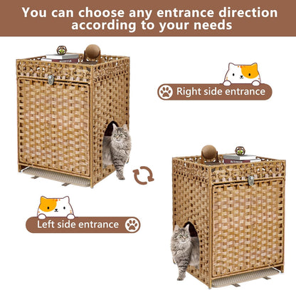 KOUSEI Handwoven Rattan Cat Litter Box Enclosure Furniture - Hidden Indoor Pet House with Door & Mat, Discreet Washroom Cabinet for Living Room and Bedroom, Natural