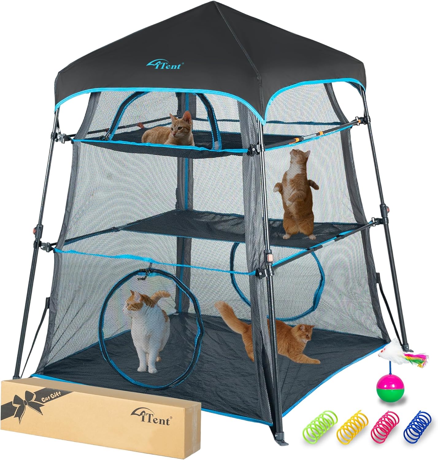 X-Large Catio Outdoor Cat Enclosure,3 Tier Cat Tower Tent Weatherproof & Sunproof with Waterproof Floor & 3 Doors, Foladable and Portable for Patio, Deck,Camping, Indoor & Outdoor(Patented)+3 Tu