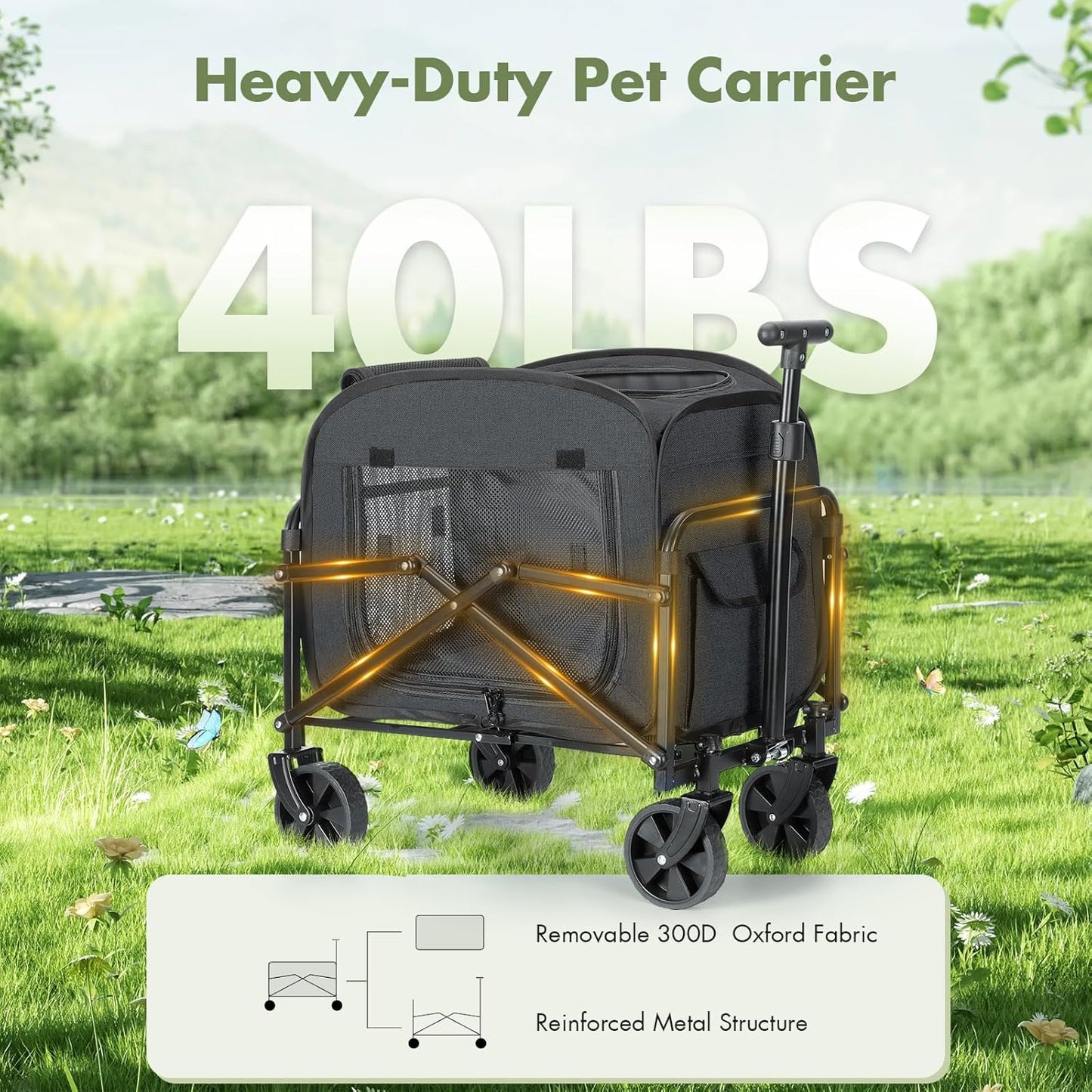 Lekebobor Cat Carrier with Wheels Large Cog and Dog 40LBS, Rolling Pet Carriage with Big All-Terrain Wheels (Black)